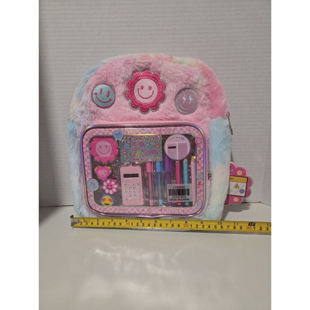 Danbar Global Cutie Girls Tie-Dye Faux Fur Backpack Small Pink/Blue Smiley